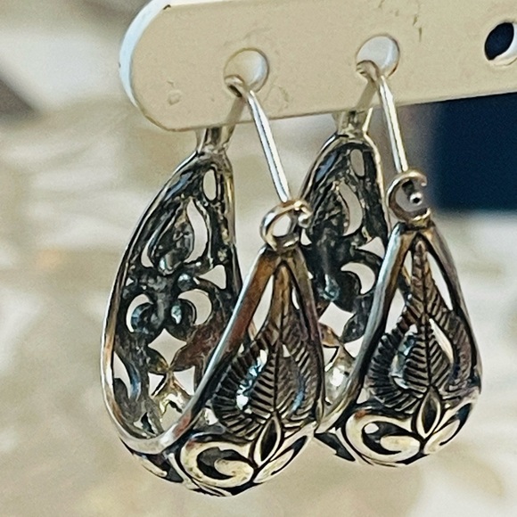 VTG Steering Silver 925 Open Scroll Filigree Basket Hoop Earring - Picture 3 of 7